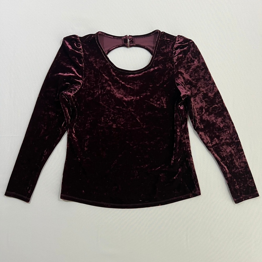 Wrangler Retro Top Crushed Velvet Keyhole Back Puff Sleeve Burgundy Womens Large
